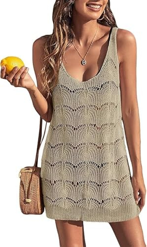 Saodimallsu Robe d'été sans manches pour femme - Style bohème - En maille filet - Robe de plage sexy au crochet - Robe de loisirs