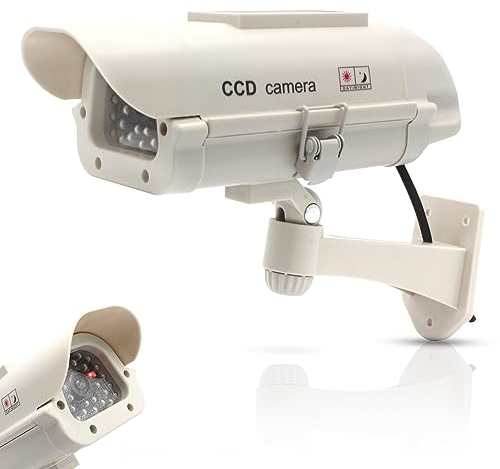 Fishtec ® Camera Factice Extérieur - Fausse Caméra de Vidéosurveillance avec LED Clignotante - Panneau Solaire - Usage Extérieur/Intérieur - Blanc