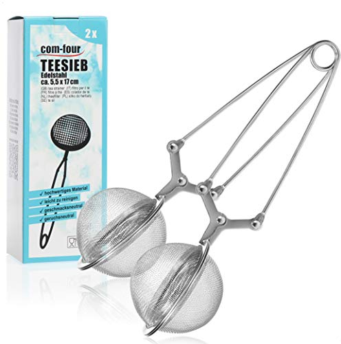 com-four® 2x Teezangen, Teeei in Kugelform aus rostfreiem Edelstahl 304, Teesiebe für losen Tee, Siebzange für Teeliebhaber (02 Stück - Ø 5.5 cm)