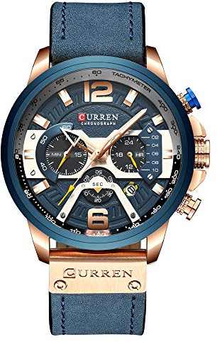 Curren Herren-Armbanduhr, Quarz, analog, Kalender, Armbanduhr für Herren, modische wasserdichte Armbanduhr mit Lederband, Blau, Chronograph