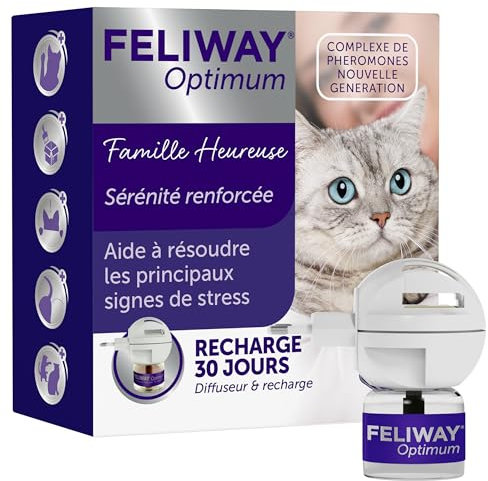 FELIWAY Optimum 30 Jours - Kit Complet avec Diffuseur de Phéromones Apaisantes pour Chats + Recharge 48 ML - Aide à Réduire Les Signes de Stress chez Les Chats et Les Chatons - Recommandé par des Vét