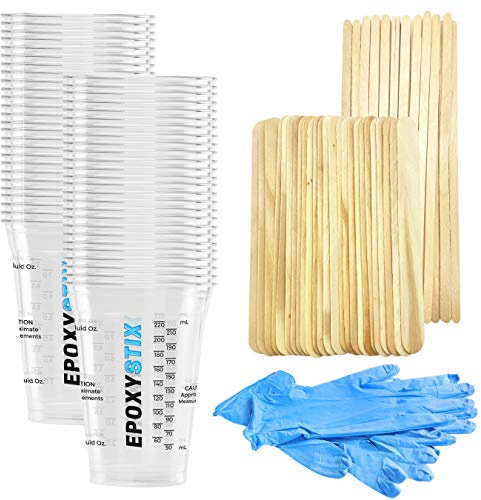 [Pack of 50] Disposable Measuring Cups for Mixing Epoxy Resin - Measurements in mL and Oz - Bonus Pack With 25 Applicator Sticks, 25 Mixing Sticks and 2 Pairs of Nitrile Gloves