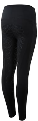HORZE Kinder Reitleggings Gillian, Vollbesatzreitleggings Mädchen mit Handytasche, Schwarz, 134/140