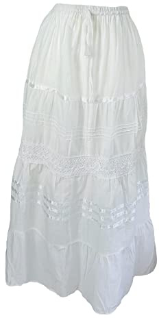 Kiran Fashion Cotton Maxi Skirt Summer Boho Festival Lined One Size Fits 10 12 14 16 18 20 (White)