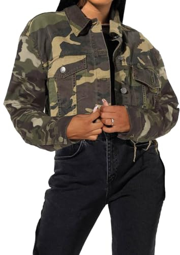 sexycherry Camouflage Distressed Bomber Jackets for Women Casual Short Coat