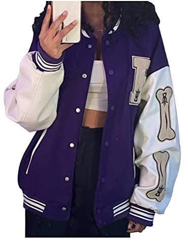 ORANDESIGNE Chaqueta de Béisbol para Mujer Chaqueta de Universidad Unisex Old School Chaqueta de Sudor Clásico Oversized Chaqueta Chaqueta de Pareja A Morado M