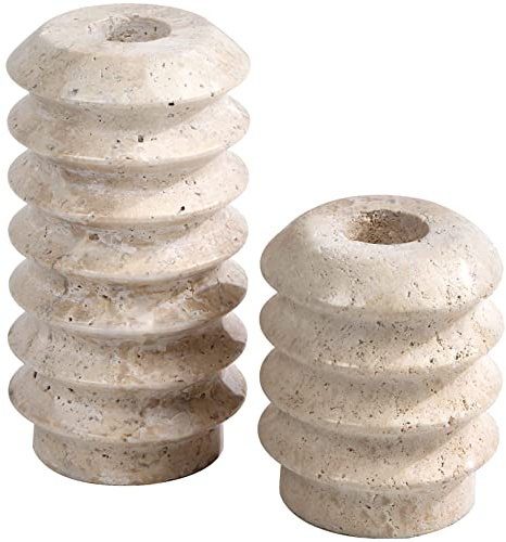 HofferRuffer Travertine Candlestick Holders, Set of 2 Natural Stone Candle Holder Decorative Candle Stands for Wedding, Dinning, Party, Table Centerpieces, Fits 3/4'' Thick Candles (Cream White)