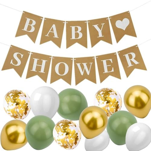 Baby Shower Decorations, Baby Shower Banner Bunting with Sage Green Balloons Gold Confetti Latex Balloons, Fits Girl Boy Birthday Party Decorations