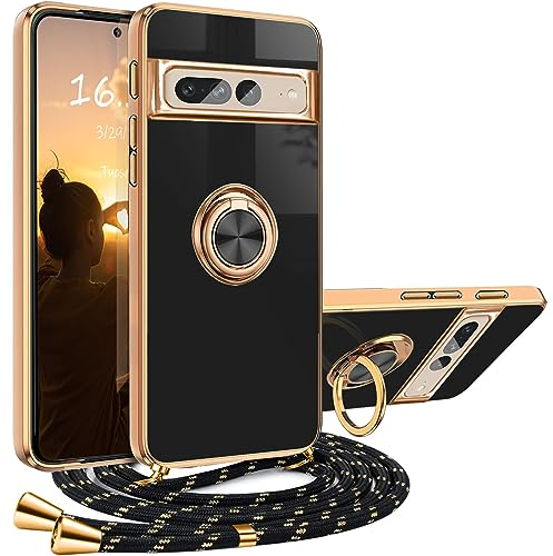 XCYYOO Handykette Google Pixel 7 Pro Hülle mit Band Google Pixel 7 Pro Handyhülle mit 360 Grad Ring Ständer Luxuriös Galvanisierte Kratzfest Schutzhülle Silikon Bumper Stoßfest Dünn Hülle mit Kette