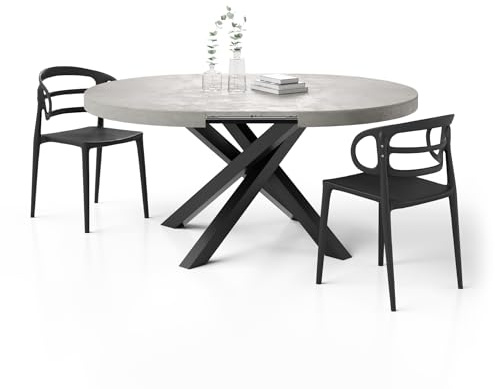 MOBILI FIVER, Table Ronde Extensible Emma, 120-160 cm, Gris Béton, avec Pieds Noirs croisés, pour 4-6 Personnes, Table Extensible pour Cuisine, Salon, Made in Italy