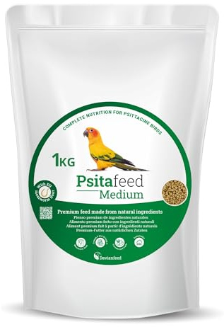 Psitafeed Medium - Granulés avec Protéines d'Insectes pour Nymphes et Perroquets Moyens 1 kg avec Pomme, Orange et Poire - Fabrication et Élevage Européens - Davianfeed