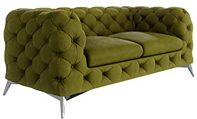 S-Style Möbel Maria Sofa 2-Sitzer Chesterfield-Sofa Wohnzimmer Lounge Couch mit verchromten Füßen Freistehende Polster Sofas & Couches Sofagarnitur Couchgarnitur Olivengrün 185x 73x100 cm