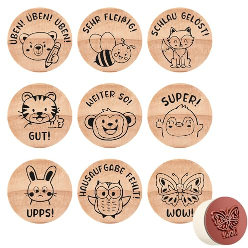 Faccito 9 Stück Holz Lehrer Stempel Tiere Motivstempel Set für Schulkind Gummi Schule Stempel Deko für Lehrer Belohnung Lob Geschenk für Lehrertag(Schnuckelig Stil)