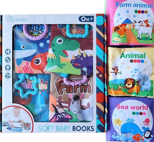 LiNubes Stoffbuch Babybuch Fühlbuch Baby Buch Tiere Set 7 STK. ab 0 3 6 9 12 Monaten Montessori Knisterbuch