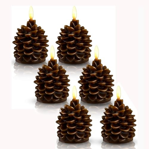 Christmas Pine Cone Flameless LED Candles Christmas Pinecone Candle Decorations Real Wax Unscented Battery Operated Candle for Thanksgiving Christmas Winter Holiday Decoration (Brown 6pcs)