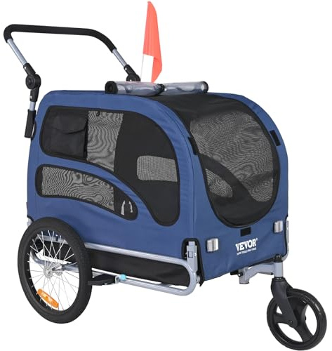 VEVOR Rimorchio Bici per Cani Pieghevole Portata max. 45kg Passeggino per Animali Domestici con Ruote a Sgancio Rapido, Attacco Universale, Carrello per Bici Traino Rimorchio per Animali Nero / Blu