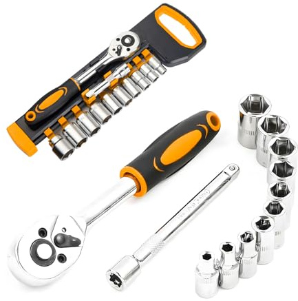 Avilia Set mit Industrieschlüsseln und Ratsche mit Verlängerung – Ratschenset mit 10 Stecknüssen 8-19 mm, ergonomischer Griff, aus Chrom-Vanadium-Stahl