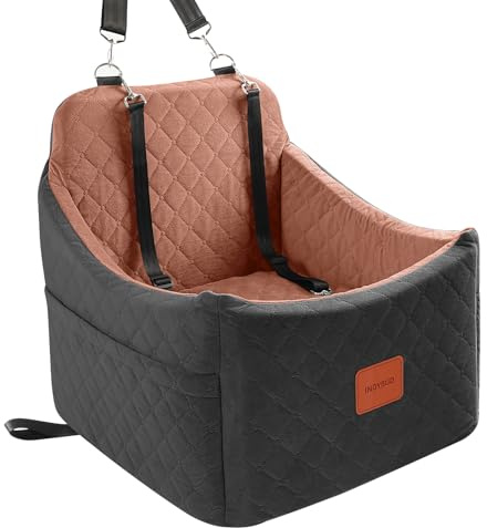 INDYBUD Dog Car Seat for Small/Medium Dogs, Memory Foam Dog Booster Seat, Travel Safety Pet Car Seat with Washable Removable Cover, Storage Pockets for Dogs up to 35 lbs(Black/Brown, Medium)