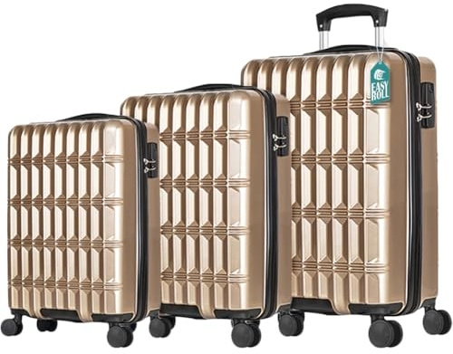 PROVITERA Set 3 Valigie Rigide in ABS, Valigia Rigida 38-59 - 90 Litri, Manico Telescopico, Ruote Easy Roll, Trolley Resistente e Leggero da Viaggio, Bagaglio a Mano (Oro)
