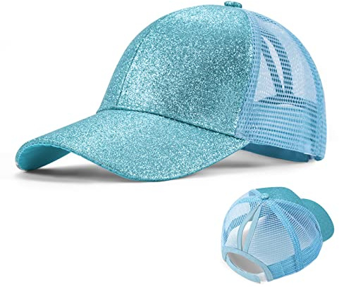 Tunejoy Berretto da Baseball per Ragazze Cappello da Baseball con Coda di Cavallo Glitter Estivi Cappello da Sole per Sport Vacanza Spiaggia All'aperto Blu