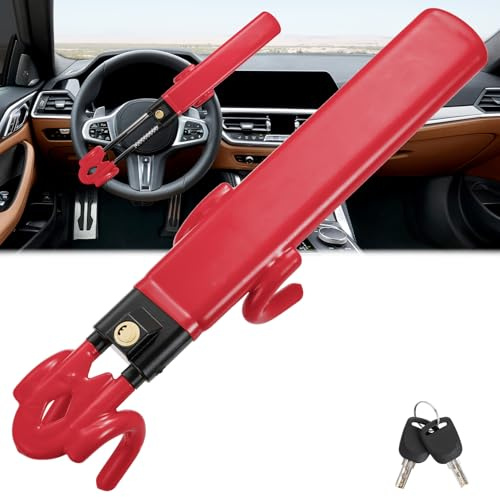 Warmiehomy Car Steering Wheel Locks, Universal Twin Bar Steering Wheel Lock, Heavy Duty Car Lock with 2 Keys, Strong Car Security Locks Anti-Theft Device, High Visibility, Adjustable Length, Red