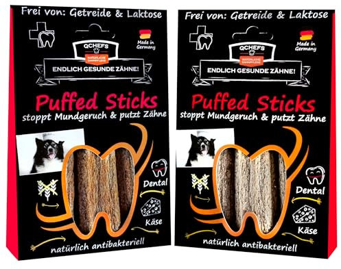 QCHEFS 2er Pack Puffed Sticks: Zahnpflege Hunde als vegetarische-getreidefreie Kaustangen nach dem Hundefutter und antibakterieller Mundgeruchentferner