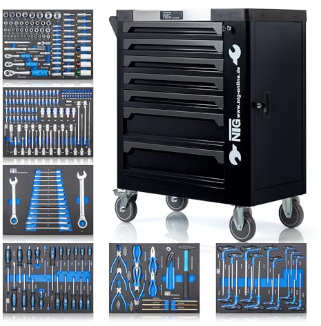 Carrello portautensili NTG + utensili + 7 cassetti | 252 pezzi | Nero | Di cui 6 con utensili | Chiudibile a chiave | Cassetti riempiti | Carrello da officina Cassetta degli attrezzi