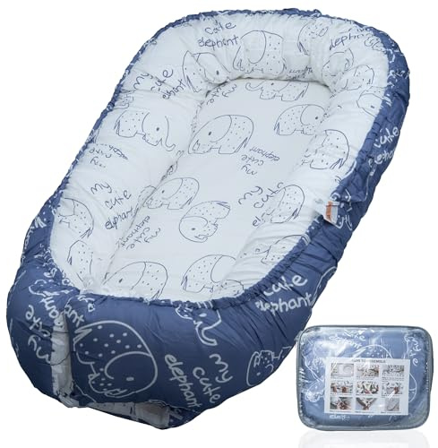 LuxeVogue Portable Baby Support Base for Awake Time – Foldable & Soft – 100% Cotton - Machine Washable - Perfect Baby Gift– Breathable & Soft Travel for baby Boys & Girls (Baby Elephant-Blue)