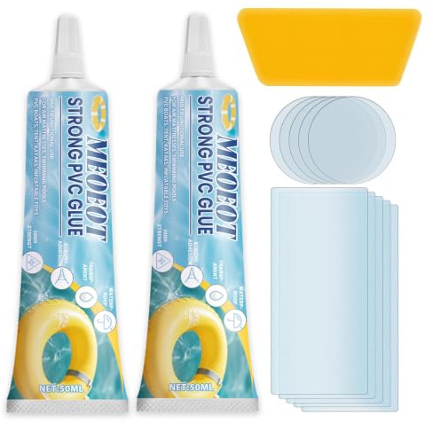 Meoeot Kit Riparazione Piscina, con Toppe per Piscina Colla PVC Trasparente, Impermeabile e ad Alta Resistenza Riparazione Piscina, Materassini, Letti ad Aria, Barche in PVC, Piscine, Tende (50ml*2)