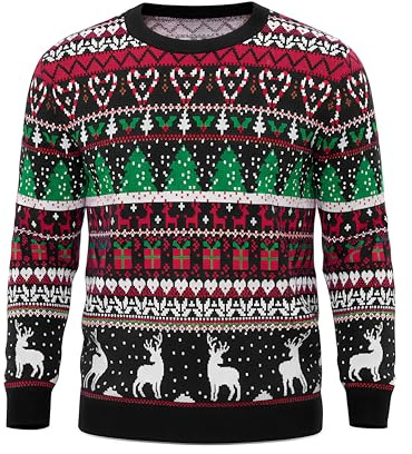 Jezonga Jersey Navideño Hombre de Punto Invierno Sueter Christmas Sweater Cuello Redondo con Árboles de Navidad y Patrones de Alces