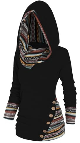 Chandails à porter avec des leggings en tricot à manches longues et boutons haut décontracté style ethnique sweatshirt femmes vêtements motifs, Noir , M