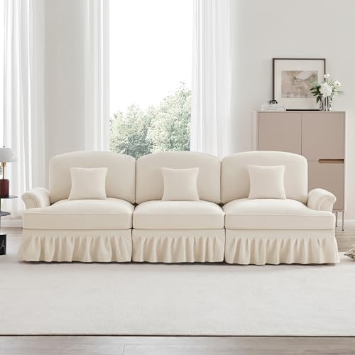 OOIILLEE Elegante divano a 3 posti in stile medievale con corrimano inclinata e orlo pieghettato rimovibile, divano modulare con gambe a forma di fuso e pouf rimovibile, ciniglia, bianco