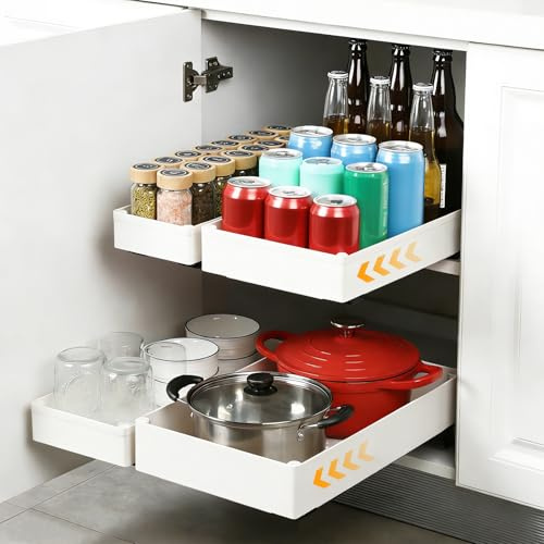 VINATO Set 4 Cassetti Estraibili per Cucina, 4 Dimensioni Organizzatore Estraibile Cucina,Cassetto Estraibile per Dispensa, Montaggio Senza Fori - Cassetti Estraibili per Armadi