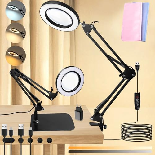 JOYBOY förstoringsglas med ljus och stativ, LED förstoringsglas, 3 lägen färger steglöst 10 dimbar, LED-skrivbord för arbete, läsning, gör-det-själv-hobbyarbete