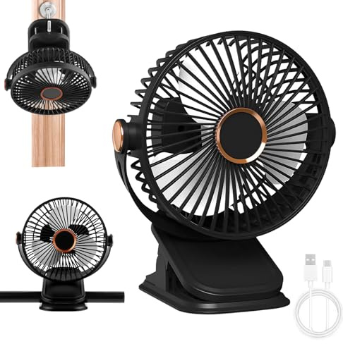 badaren USB Ventilatore da Tavolo Piccolo con Clip, Passeggino a 5 Velocità, Rotazione di 720°, Silenzioso Mini Fan per Ufficio, Casa, Esterni, Viaggi e Passeggini (Nero)