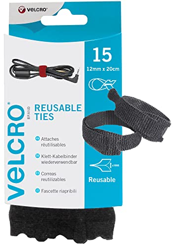 Velcro Marque One-Wrap Attaches Réutilisables, Multi-Usage, Parfaites Pour Ranger Les Accessoires De Bureau, Les Câbles Et Aménager La Maison, Noir 12 Mm X 20 Cm, Lot De 15