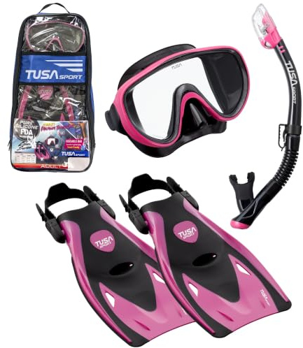 TUSA Sport Adult Serene Mask, Dry Snorkel, and Fins Travel Set, Black/Pink, Medium