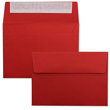 100x Briefumschläge leuchtend Rot DIN C6 Format 11,4 x 16,2 cm - Haftklebung - Kuverts ohne Fenster - Weihnachten, Grußkarten & Einladungen - Für A6 & A4 Papier