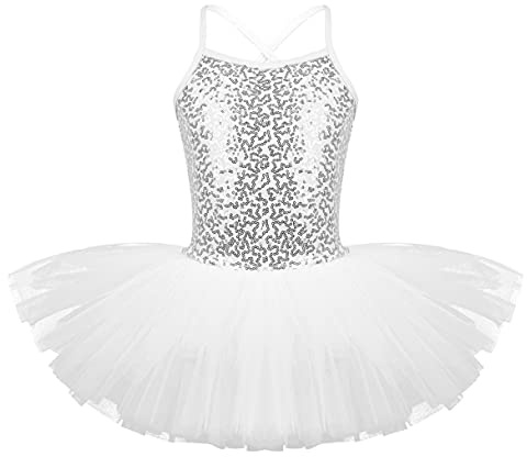 ranrann Tutu dansande klassisk barn flicka paljett klänning balettdansare trikådräkt gymnastik outfit skridskoklänning dans modern jazz kostym show 5–16 år, Vitt och blått, 4-5 �r