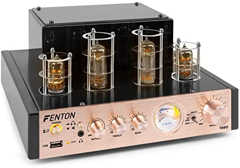 Fenton TA60 - Amplificador estéreo híbrido de válvulas Tecnología inalámbrica Bluetooth, 2X entradas RCA, Puerto USB, Salida de Auriculares, Controles de Graves y Agudos, Estilo Retro-futurista único