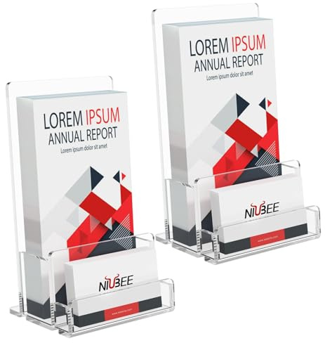 NIUBEE 2-Pack Acrylic Brochure Holder 4‘’ , Clear Brochure Display Stand with Acrylic Business Card Holder, Plastic Flyer Display Stand for Magazine, Pamphlet, Booklets, Menu, Journals, Business Card