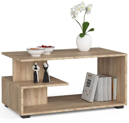 Mesa de café de madera | Mesa de centro moderna | Cómoda para la sala de estar | Decoración del hogar | Mesas de 3 niveles | Tablero laminado de aglomerado de 16 mm | 90 x 45 x 51 cm | Roble Sonoma