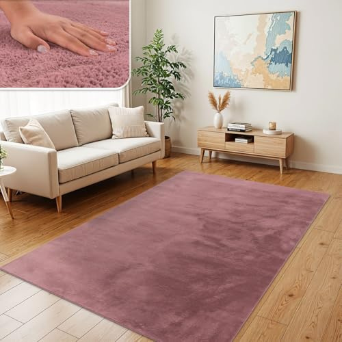TT Home Wohnzimmer Teppich Hochflor Langflor Kunstfell Weich Modern Unifarben Flauschig, Farbe:Rosa Mauve, Größe:160x220 cm