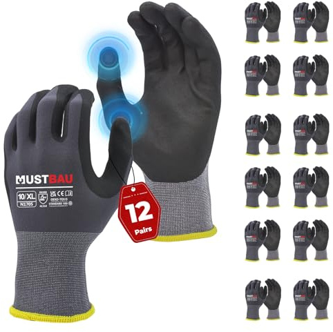 Mustbau 12 Paires Gants de Travail à Écran Tactile, Gants Nitrile Résistants à l'Abrasion, Excellente Préhension Convient pour Jardinage, Mécanique, Chantier (Gris,XL)