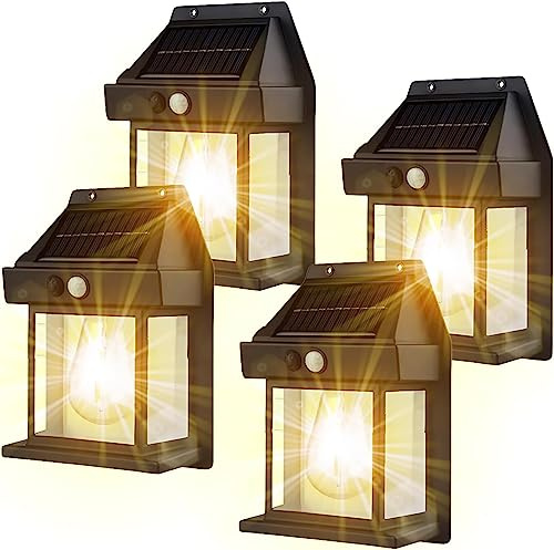Stenig grön solcell volfram vägglampa utomhus, trådlös skymning till gryning rörelsesensor LED vägglampett, IP65 vattentät solsäkerhetsljus, yttre väggmontering belysning för uteplats, 4 st, svart