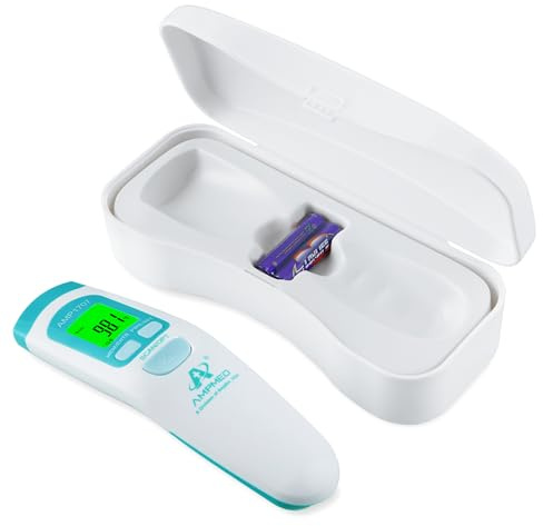 Amplim Non-Contact Forehead Thermometer & Case for Adults, Kids, Baby, Medical Grade, Touchless Infrared, 1-Sec Reading, Fever Alarm, Memory Recall, Quiet Mode, White