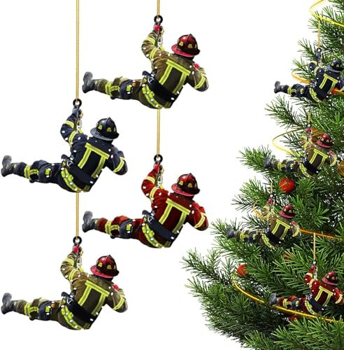 Weihnachtsbaum Feuerwehrmann Acryl Ornamente, 4 Stück Feuerwehrmann Weihnachtsschmuck Weihnachten Deko Feuerwehrmann Acryl Ornamente Zum Anhänger für Wandfenster, Baum