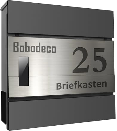 bobodeco moderner Briefkasten in Anthrazit RAL 7016, Postkasten mit Namensschild, Wandbriefkasten mit Zeitungsfach - Personalisiert Laser Gravur Briefkästen Stahl, Postbox, Anthrazitgrau + Silber