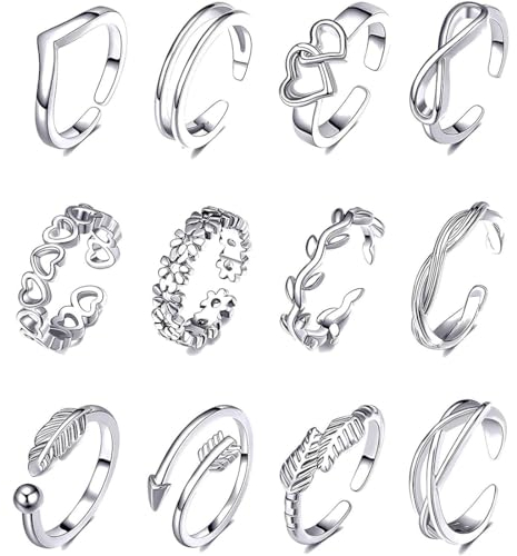 KSJEHW 12 Stücke Offene Zehenringe Set für Damen Mädchen Einfach Verstellbarer Knöchelring Zehenringe Fußschmuck(Silber)