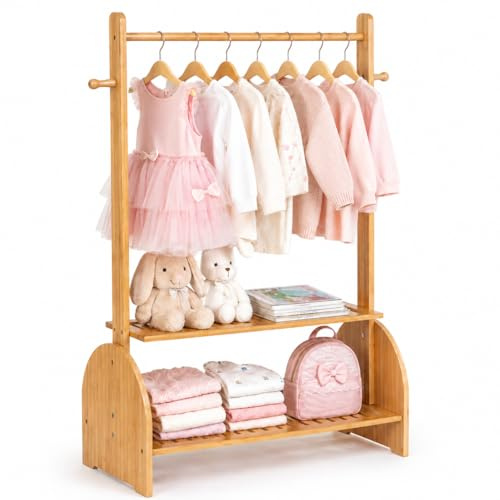 BAMBOOHOMIE Kids Clothing Rack with Adjustable Rods, Children Clothes Garment Rack for Kids Baby Pet, Kids Dress Up Rack with 2 Bottom Shelves, Kids Wardrobe Closet for Toddlers Nursery (Natural)